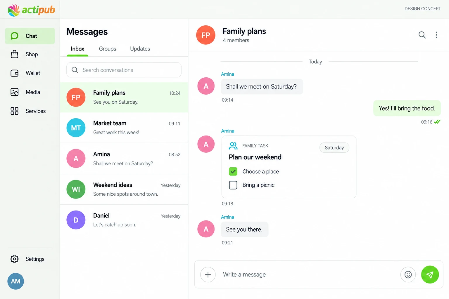 Illustrative ActiPub desktop Chat concept in English, with conversations, messages and a shared task.