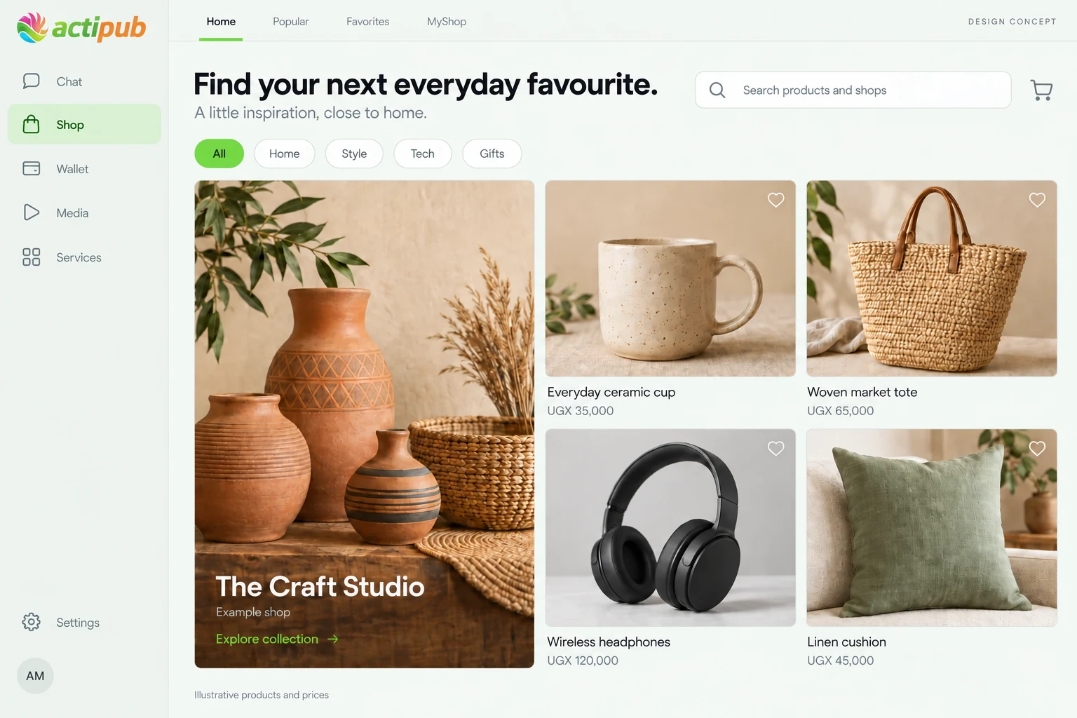 Illustrative ActiPub desktop Shop concept in English, with local sellers, product categories and example products.