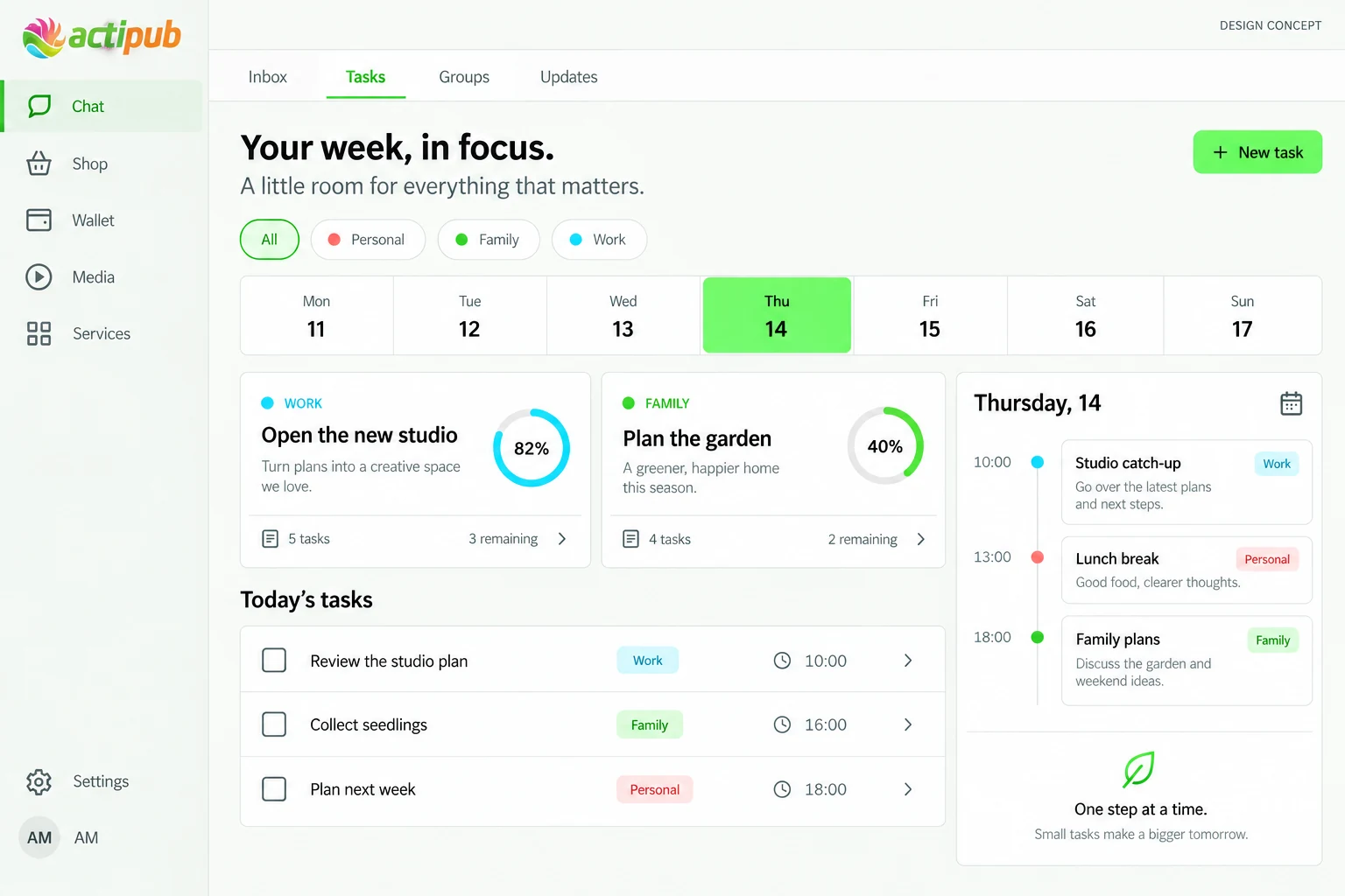 Illustrative ActiPub desktop Tasks concept in English, with a weekly calendar, personal tasks and team projects.